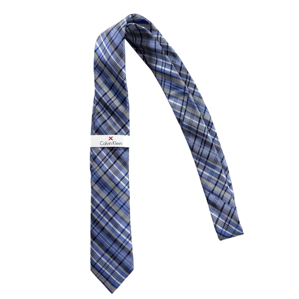 Calvin Klein Mens Extreme Slim Silk Blend Plaid Tie Blue Grey K192-1503